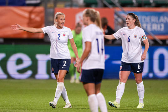 Anja Sønstevold and Maren Mjelde of Norway react