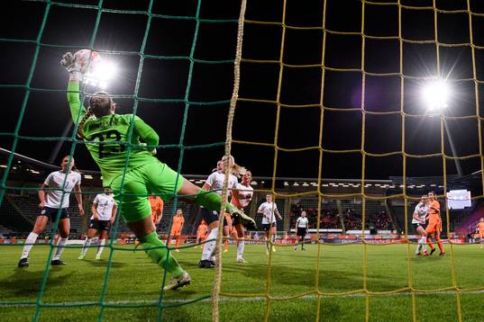 goalkeeper Aurora Mikalsen of Norway with a save