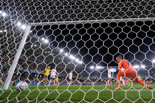 goalkeeper Pauline Peyraud-Magnin looks dejected when