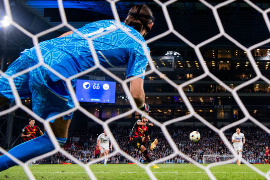 Riyad Mahrez of Man City with a penalty shot against