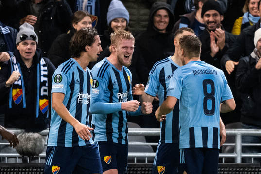 Kalle Holmberg of Djurgården celebrates with teammates