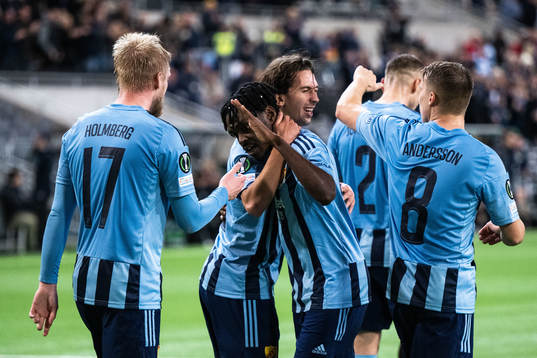Gustav Wikheim of Djurgården celebrates with Joel Asoro