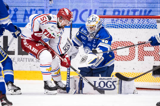 Timrås Anton Lander och Leksands målvakt Mantas Armalis