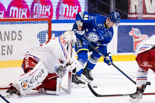 Leksands Carter Ashton och Timrås målvakt Jacob Johansson