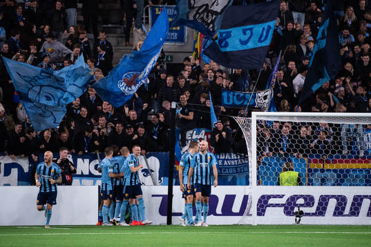 Gustav Wikheim of Djurgården celebrates with teammates