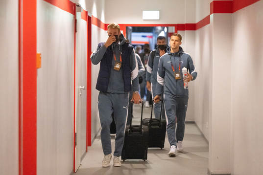 Ola Toivonen and Felix Beijmo of Malmö FF arrives to the