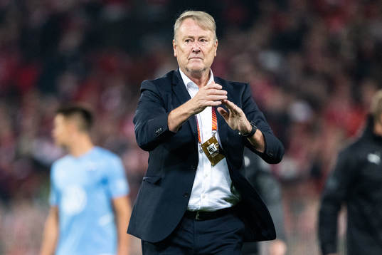 Head coach Åge Hareide of Malmö FF looks dejected