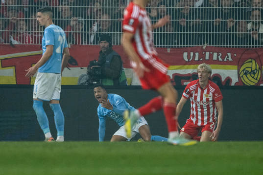 Martin Olsson of Malmö FF reacts to decision by Referee