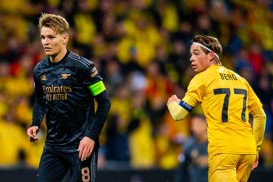 Martin Ødegaard of Arsenal and Patrick Berg of Bodø/Glimt