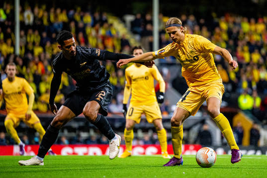 William Saliba of Arsenal and Ulrik Saltnes of Bodø/Glimt