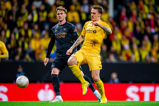 Rob Holding of Arsenal and Runar Espejord of Bodø/Glimt