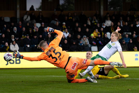 Hammarbys Gustav Ludwigson gör 0-1 bakom Mjällbys
