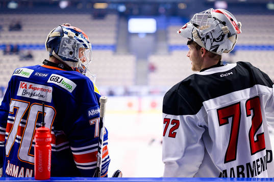 Växjös målvakt Adam Åhman pratar med Malmö Redhawks