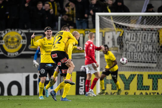 Mjällbys Viktor Gustafson och Jesper Gustavsson jublar
