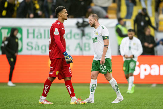 Hammarbys målvakt Oliver Dovin och Darijan Bojanic deppar
