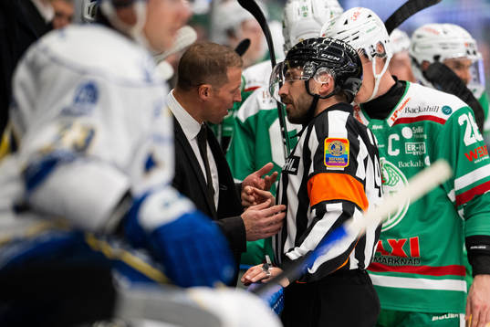 Rögles tränare Cam Abbott och domare Mattias Enroth