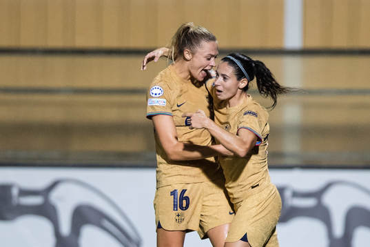 Fridolina Rolfö and Aitana Bonmati of Barcelona celebrate