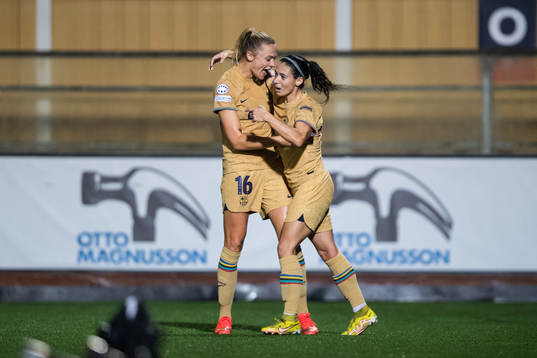 Fridolina Rolfö and Aitana Bonmati of Barcelona celebrate