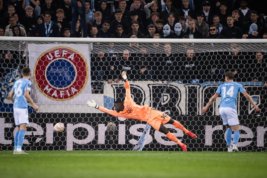 goalkeeper Ismael Diawara of Malmö concedes the 0-1 goal