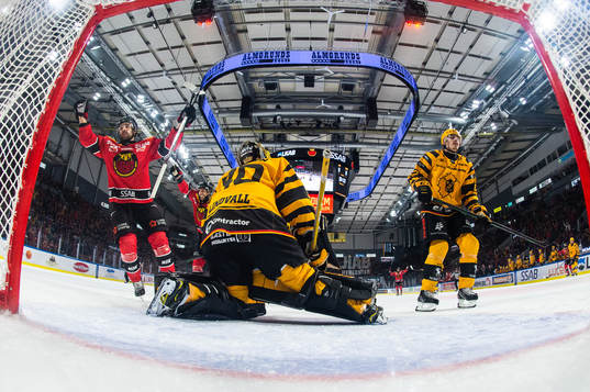 Luleås Linus Fröberg jublar, Skellefteås målvakt Gustaf