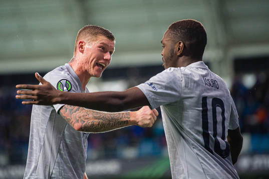 Joel Asoro of Djurgården celebrates with Victor Edvardsen