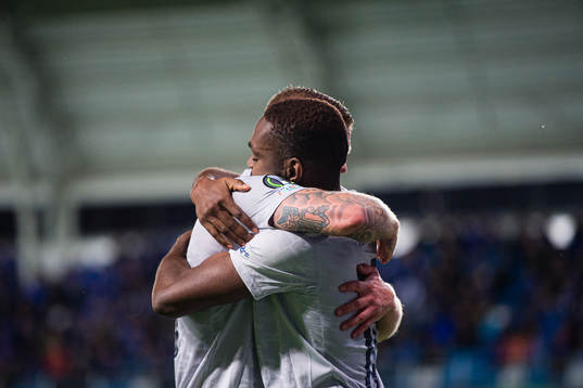Joel Asoro of Djurgården celebrates with Victor Edvardsen