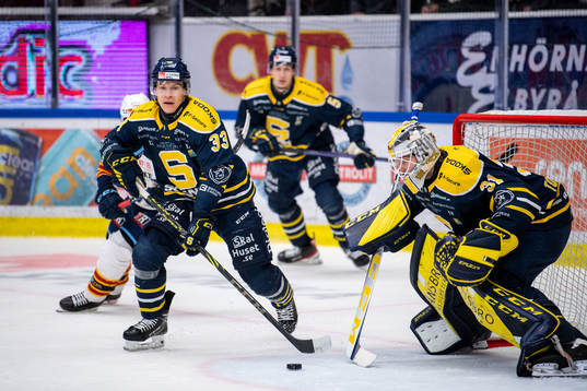 Södertäljes Filiph Engsund och målvakt Nikita Tolopilo
