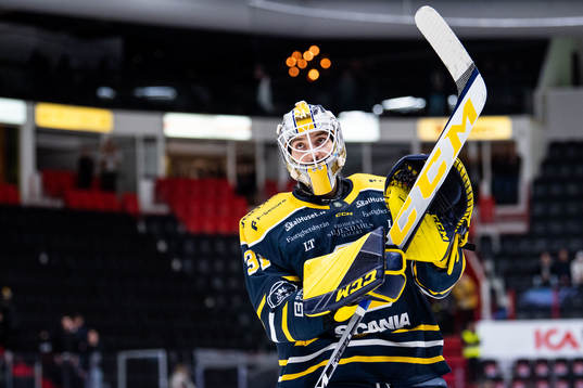 Södertäljes målvakt Nikita Tolopilo jublar