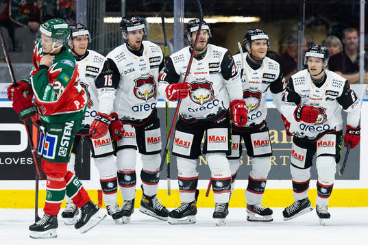 Malmö Redhawks Johan Olofsson jublar med lagkamrater