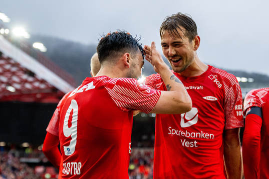 Niklas Castro of Brann celebrates with teammate Fredrik