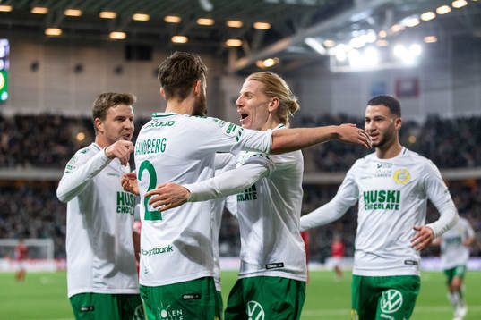 Hammarbys Gustav Ludwigson jublar med Simon Sandberg