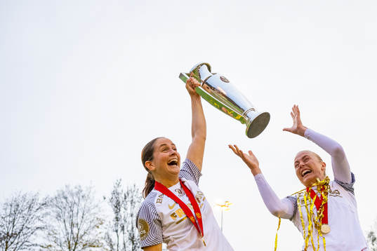 Ingrid Ryland and Guro Bergsvand of Brann celebrate with