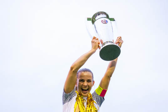 Tuva Hansen of Brann celebrates with the trophy
