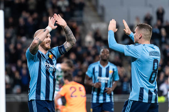 Magnus Eriksson and Elias Andersson of Djurgården celebrate