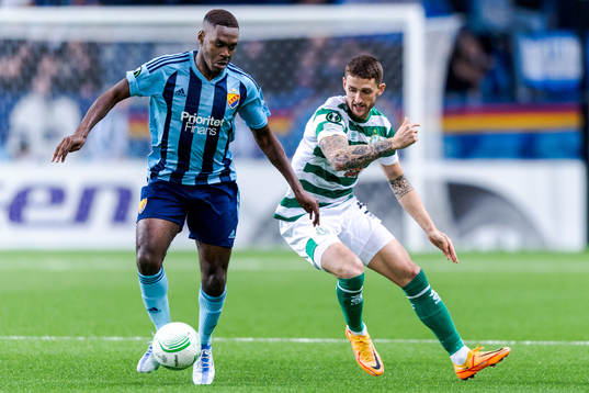 Joel Asoro of Djurgården and Lee Grace of Shamrock Rovers