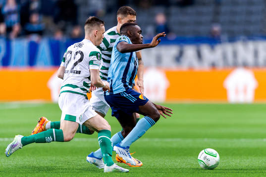 Andrew Lyons and Lee Grace of Shamrock Rovers against Joel