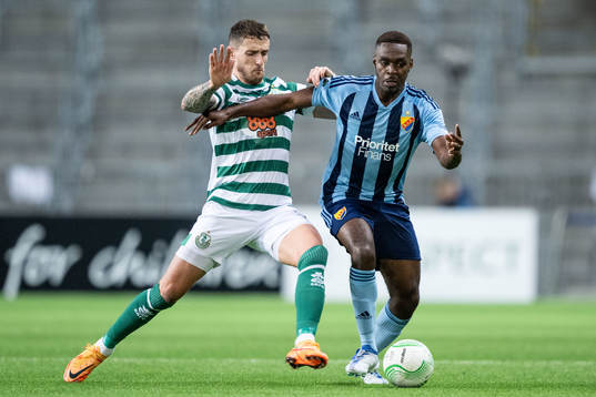 Lee Grace of Shamrock Rovers and Joel Asoro of Djurgården