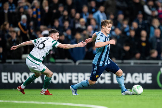Gary O Neill of Shamrock Rovers and Hampus Finndell of