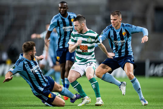 Albion Ademi and Elias Andersson of Djurgården against