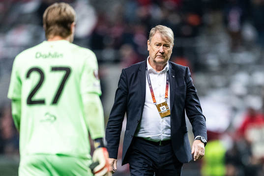 Head coach Åge Hareide of Malmö FF looks dejected