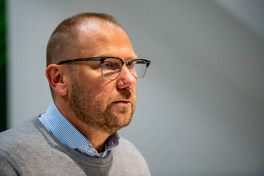 Halmstads tränare Magnus Haglund på presskonferensen