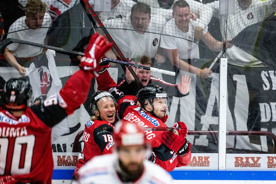 Malmö Redhawks Carl Söderberg jublar med Marcus Sylvegård