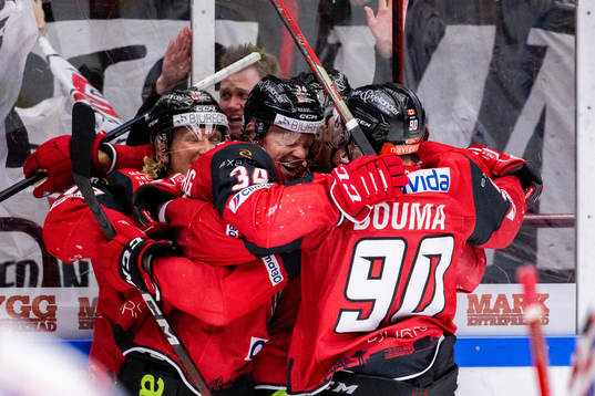 Malmö Redhawks Carl Söderberg jublar med lagkamrater
