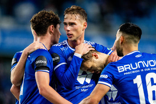 Magnus Wolff Eikrem of Molde celebrates with Magnus Retsius