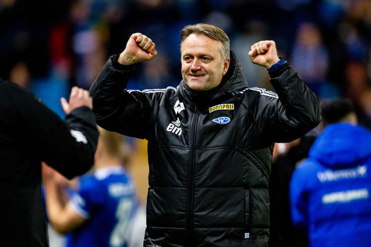 Erling Moe, head coach of Molde, celebrates winning the