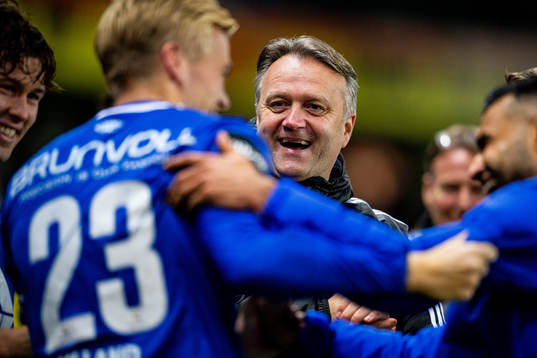 Erling Moe, head coach of Molde, celebrates winning the