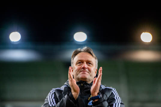 Erling Moe, head coach of Molde, celebrates winning the