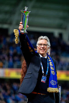 Odd Ivar Moen, chairman of Molde, celebrates winning the