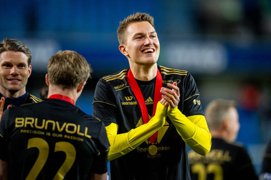 Goalkeeper Jacob Karlstrøm of Molde celebrates winning the