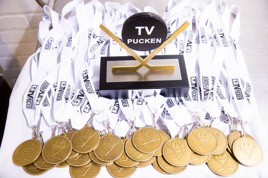 Medaljer och pokal innan ishockeymatchen i TV-Pucken mellan